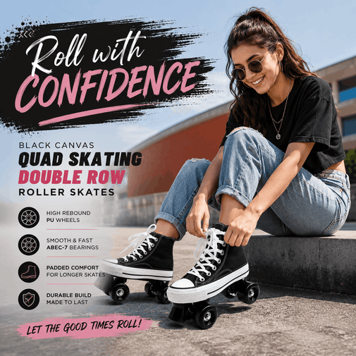Woman sitting on a ledge wearing roller skates with promotional text about the skates.