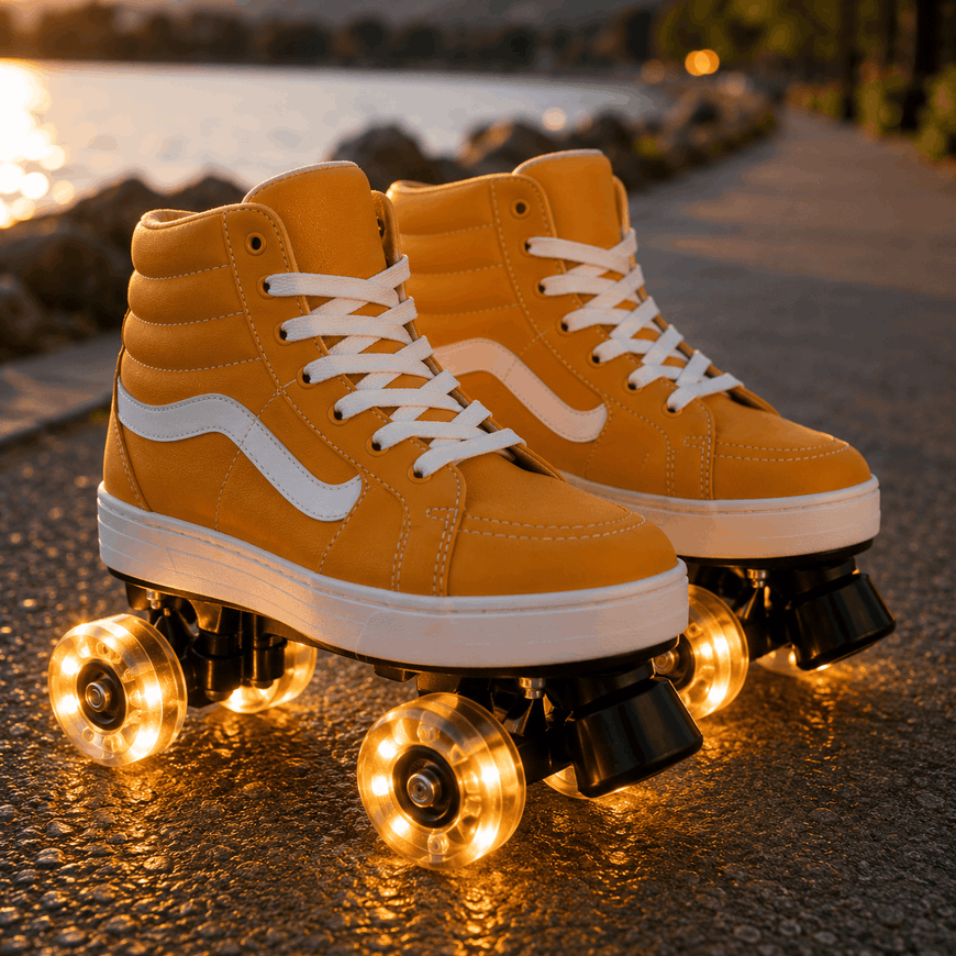 A pair of yellow high-top roller skates with white side stripes, white laces, and glowing warm white LED wheels, photographed on a paved path at dusk near water.