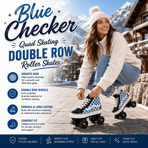 A woman wearing a white knit beanie and white sweater sits outdoors in a snowy mountain setting, putting on a pair of blue-and-white checkerboard quad roller skates. Large text on the left reads 'Blue Checker Quad Skating DOUBLE ROW Roller Skates' with feature callouts, and a dark blue footer bar appears at the bottom.