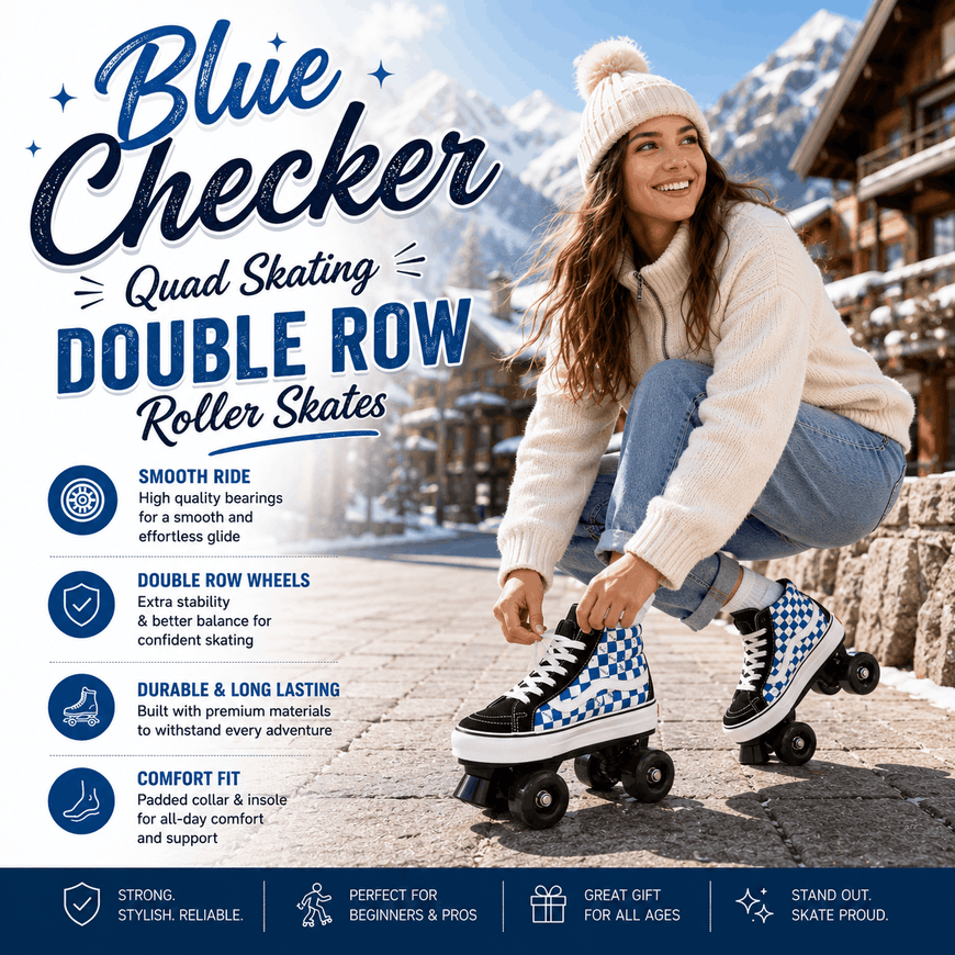 A woman wearing a white knit beanie and white sweater sits outdoors in a snowy mountain setting, putting on a pair of blue-and-white checkerboard quad roller skates. Large text on the left reads 'Blue Checker Quad Skating DOUBLE ROW Roller Skates' with feature callouts, and a dark blue footer bar appears at the bottom.