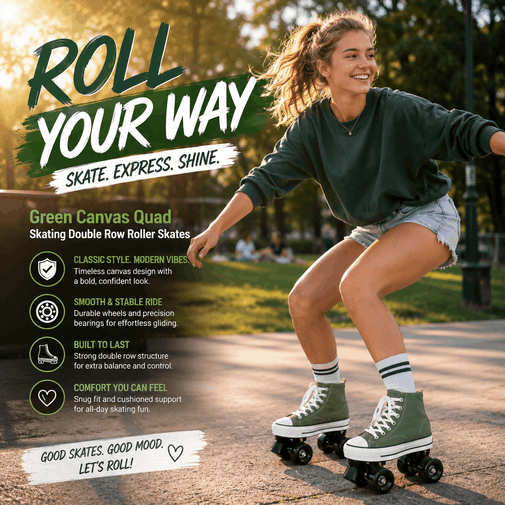 Woman roller skating in a park with promotional text about Green Canvas Quad roller skates.