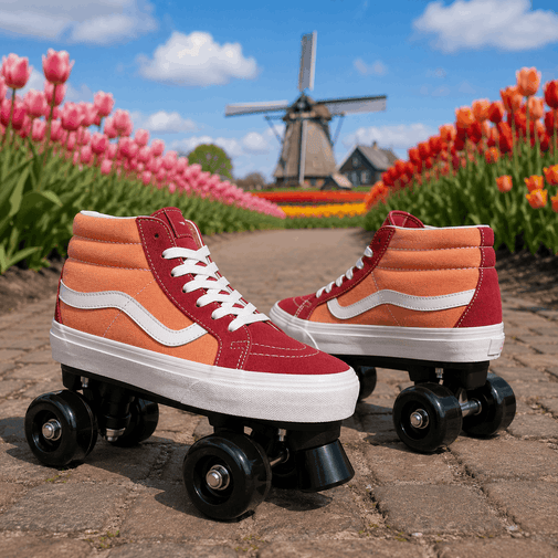 A pair of high-top roller skate shoes in red and orange with white side stripes and white laces, resting on a cobblestone path with a Dutch windmill and tulip fields in the background.