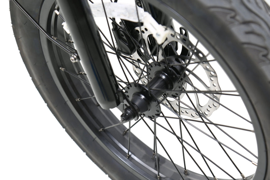 Close-up of a bicycle wheel with hub and spokes on a white background. ACE Utility Cruiser EBike