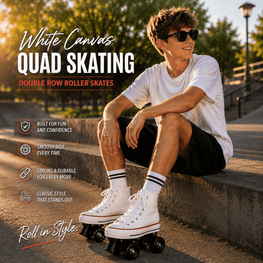 Person wearing white canvas quad skates sitting on a ledge with promotional text about roller skates.