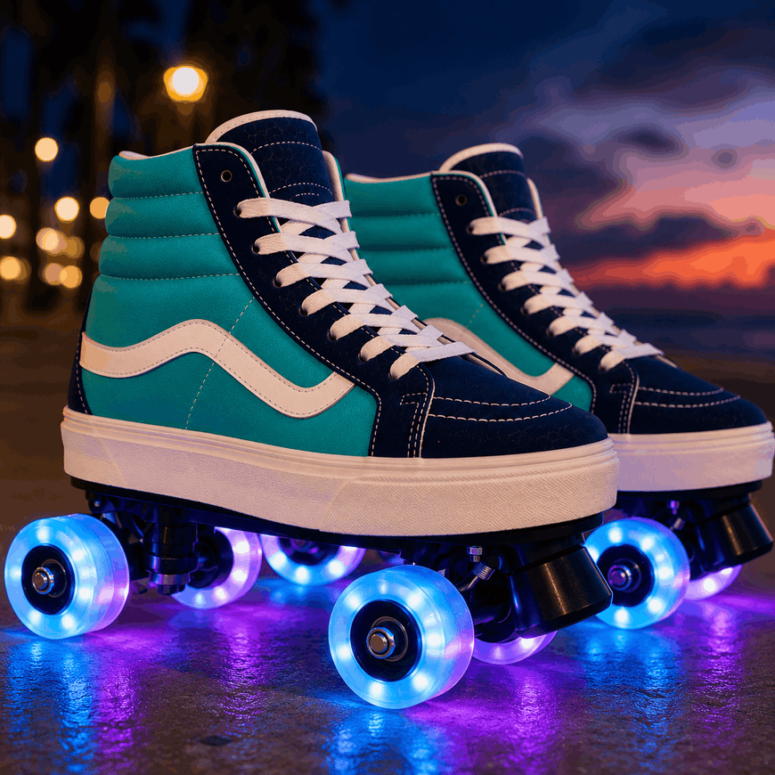 A pair of high-top roller skate shoes with teal and navy blue panels, white laces, white side stripes, and glowing blue LED wheels, photographed outdoors at dusk with blurred lights and a sunset sky in the background.