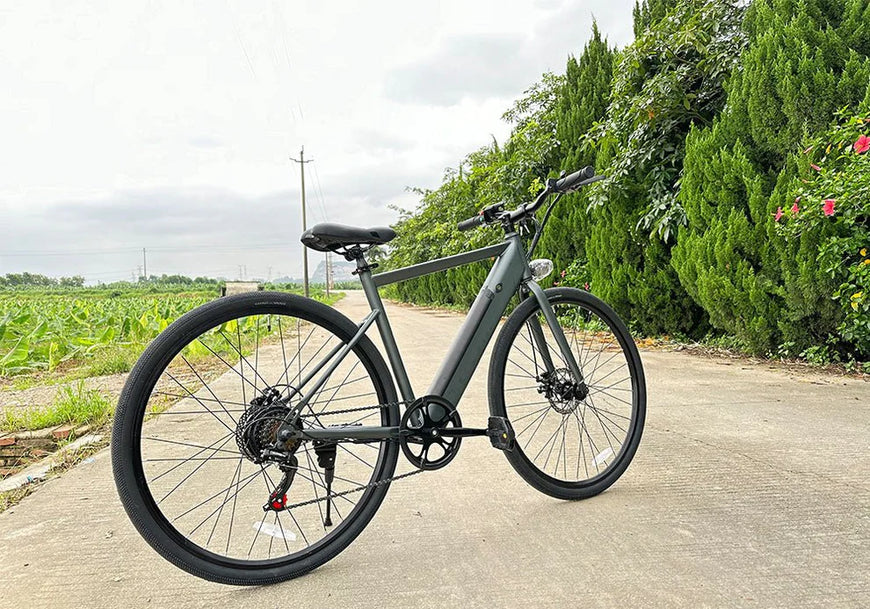 Electric bicycle on a paved road with greenery in the background. Freego E7 Electric Bicycle For City Commuting