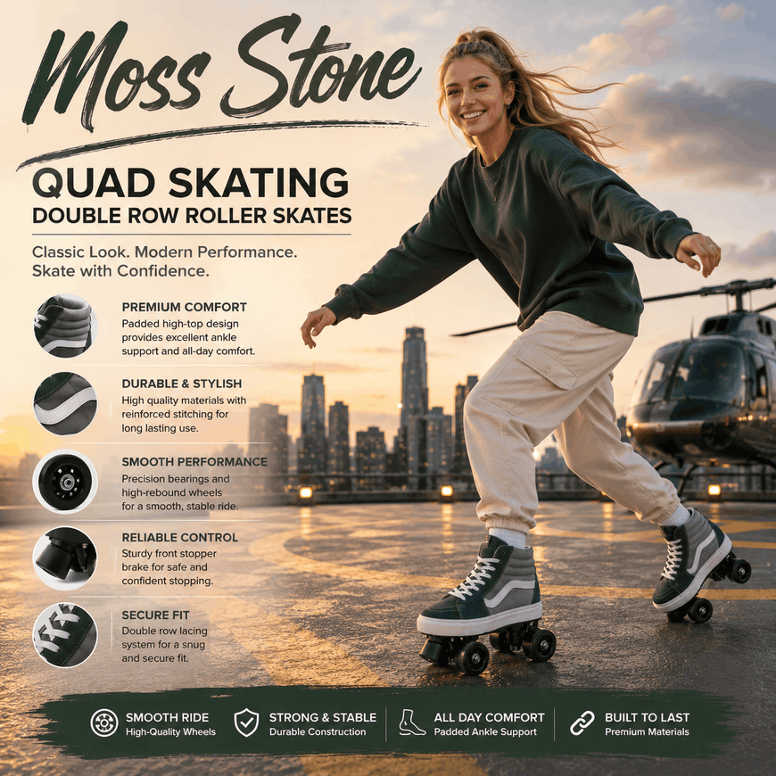 A woman wearing Moss Stone quad skating double row roller skates is shown in motion on a city street at sunset, with product features and benefits listed on the left side of the image.