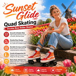 A promotional graphic for the Sunset Glide Quad Skating Double Row Roller Skates, featuring a woman sitting on a stone wall in a field of tulips wearing the red and white skates. The graphic includes product features and benefits on the left side and a scenic background of a Dutch windmill and flower fields.