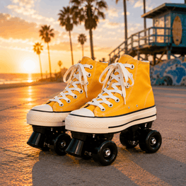 Yellow high-top roller skates with wheels on a beach at sunset.