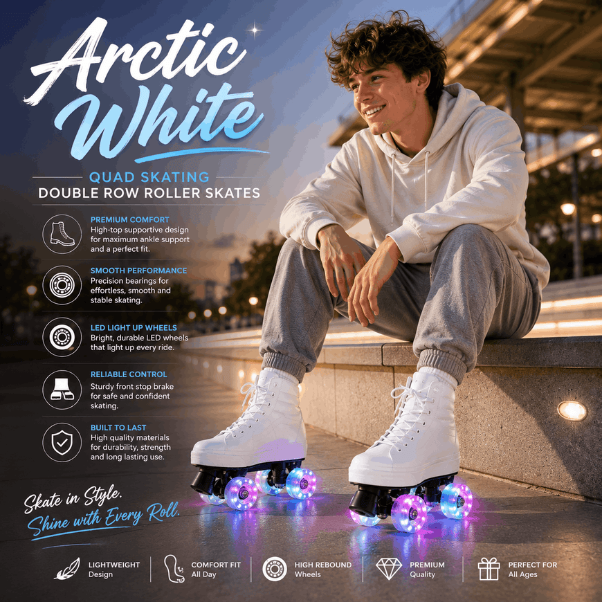 A man wearing white Arctic White quad roller skates with glowing multicolor LED wheels sits on outdoor stone steps at dusk. The image includes product feature callouts and branding text on the left side.