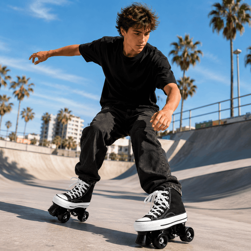 Person rollerblading at a skate park with palm trees and buildings in the background