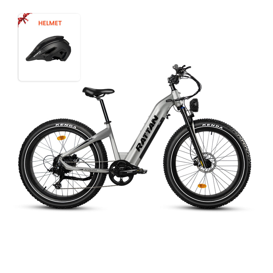 Electric bike with 'Rattan' branding on a white background, accompanied by a helmet icon. Rattan Sequoia Fat tire eBike