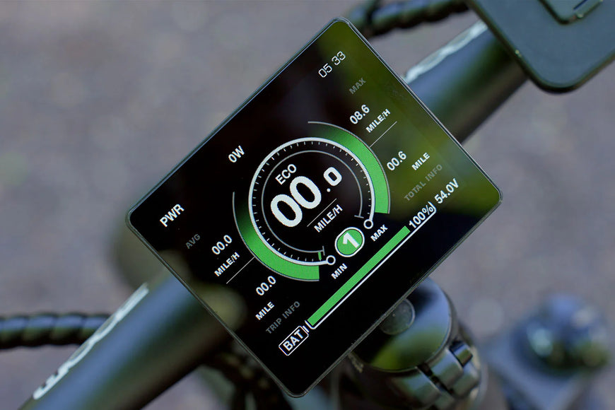 Digital display on a bicycle showing power and mileage metrics. CYKE Cheetah Hunting EBike