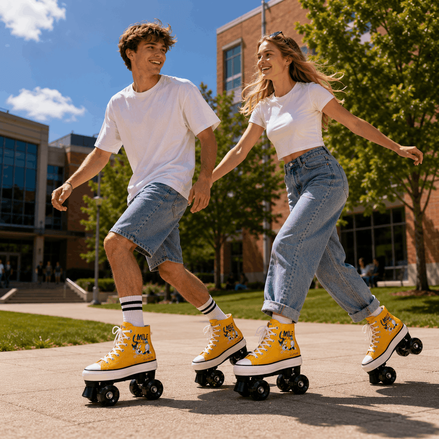 Retro Cartoon Yellow Quad Skating Double Row Roller Skates
