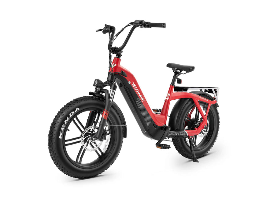 Red electric bike with black frame on a white background. Valowave Pony Compact Step-Thru Electric Bike