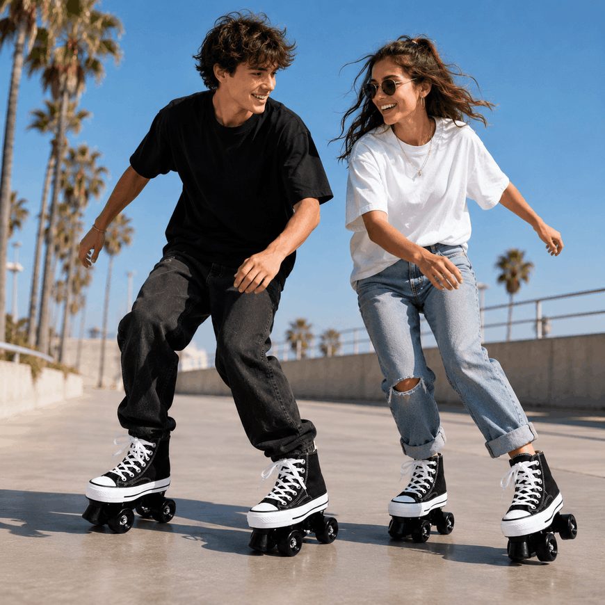 Two people rollerblading on a sunny day with palm trees in the background