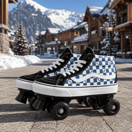 A pair of high-top roller skates with a black and blue-and-white checkerboard pattern, white laces, and black wheels, photographed outdoors on a paved path with snowy mountains and alpine buildings in the background.