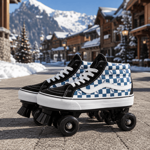 A pair of high-top roller skates with a black and blue-and-white checkerboard pattern, white laces, and black wheels, photographed outdoors on a paved path with snowy mountains and alpine buildings in the background.