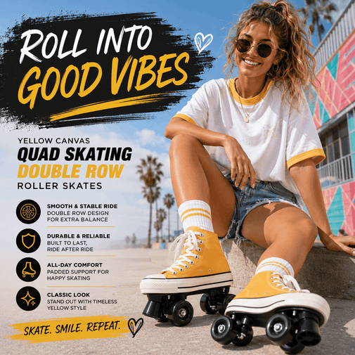 Woman sitting on a wall with yellow roller skates, promotional text for roller skates.