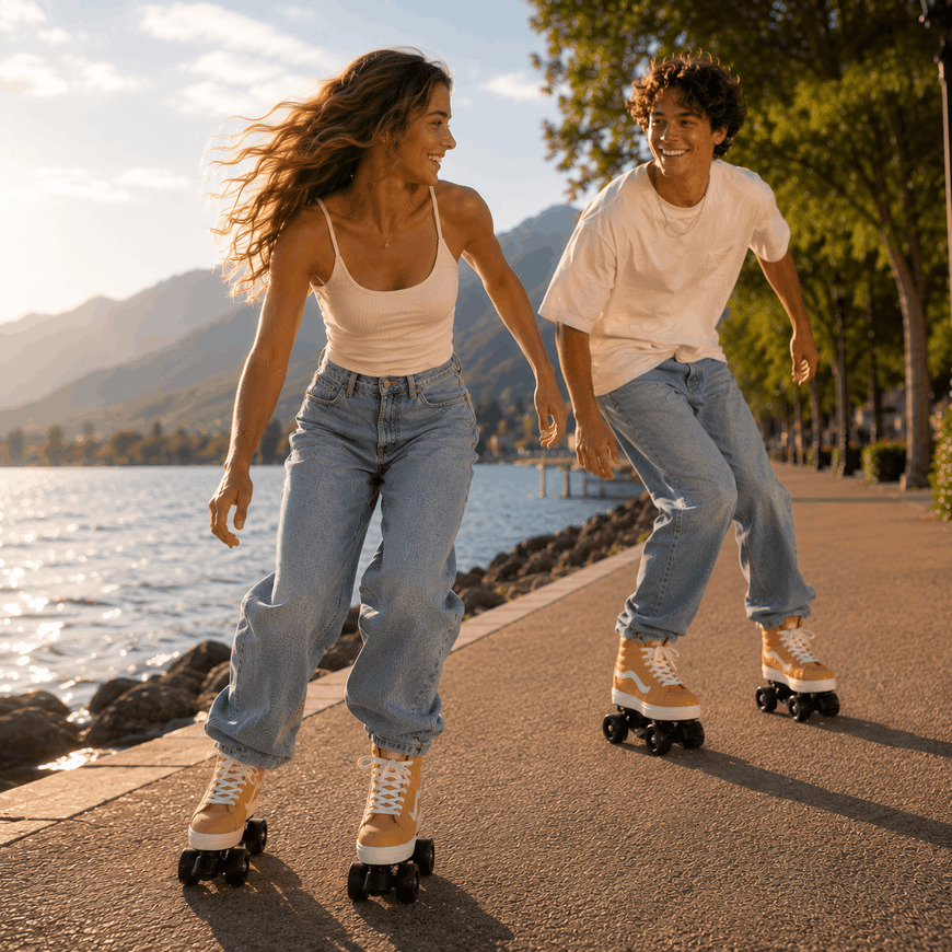 Two young adults smiling and roller-skating along a lakeside path at sunset, wearing light blue jeans, white tank tops, and tan roller skates.