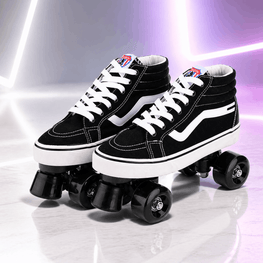 Black high-top roller skates with white laces on a reflective surface.