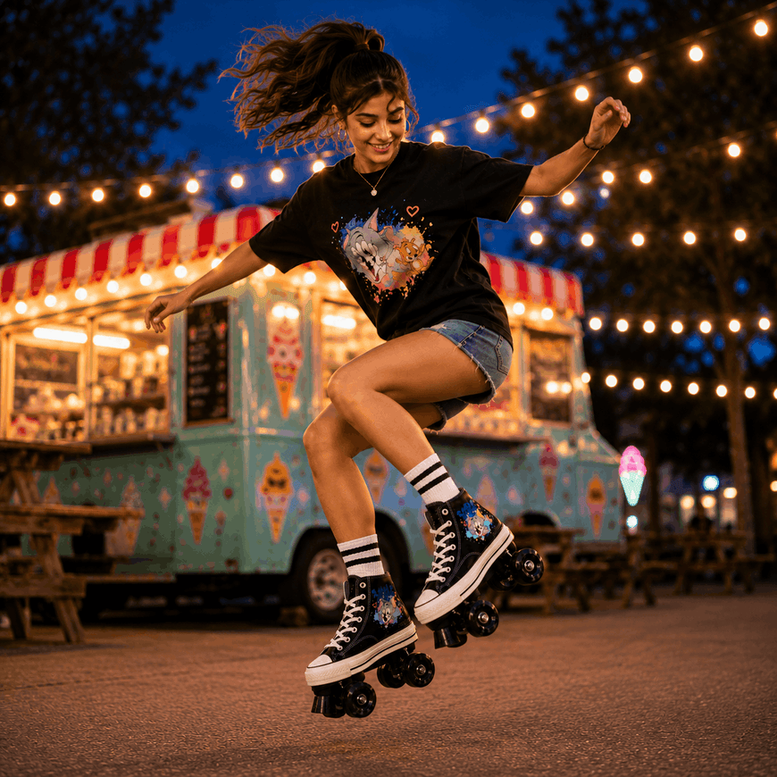 A woman wearing a black graphic t-shirt, denim shorts, and black high-top roller skate shoes jumps in mid-air on a street at night, with a decorated ice cream truck and warm string lights in the background.