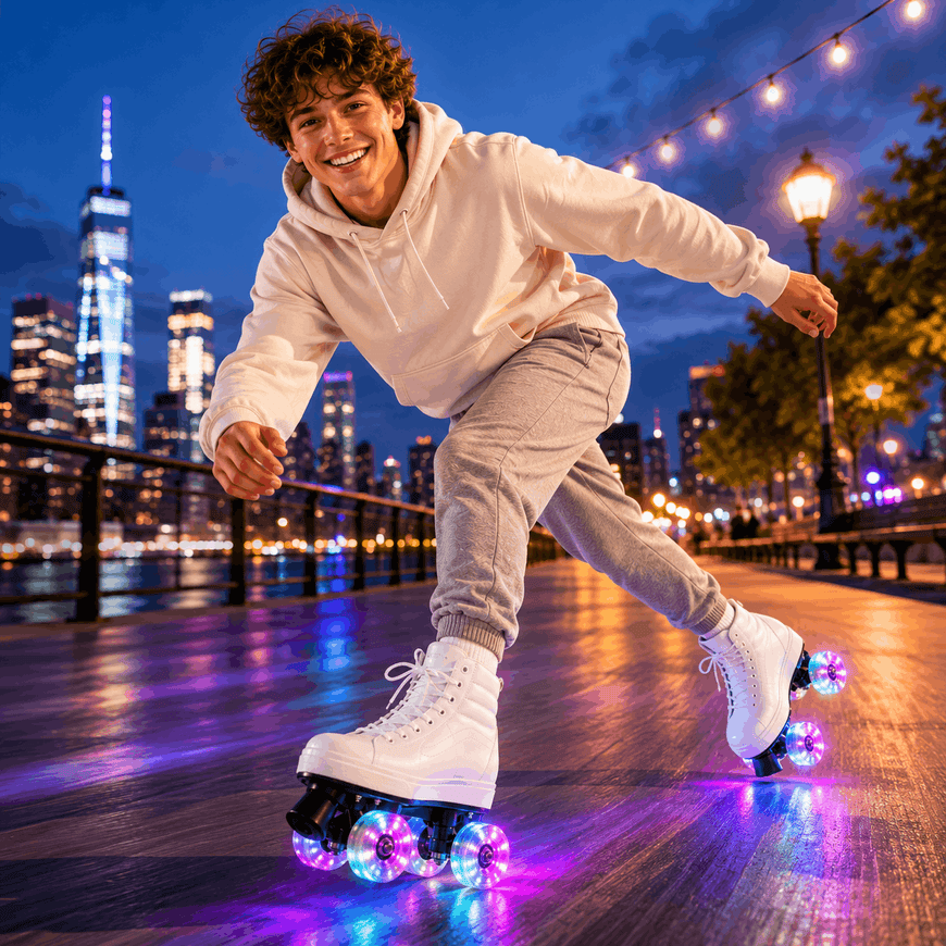 A smiling young man roller-skates on a city waterfront at night, wearing a light beige hoodie, gray joggers, and white roller skates with glowing multicolor LED wheels. The background shows a lit-up city skyline and string lights.