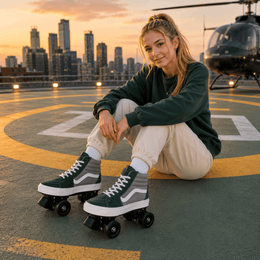 A woman sits on a helipad at sunset with a city skyline and a helicopter in the background. She is wearing a dark green sweatshirt, cream jogger pants, and dark green high-top roller skate shoes with white side stripes.