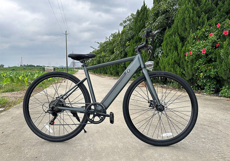 Gray electric bicycle on a paved path with greenery and flowers in the background. Freego E7 Electric Bicycle For City Commuting
