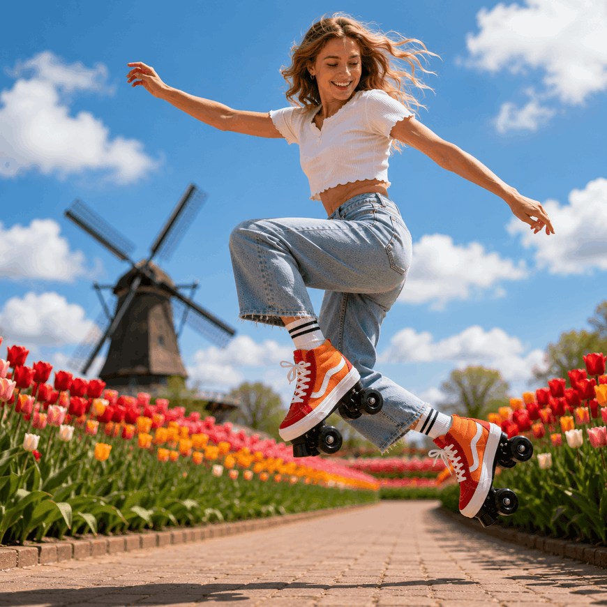 A woman jumps on a skateboard outdoors on a sunny day, wearing a white crop top, light blue jeans, and orange sneakers. Tulip beds and a windmill are visible in the background under a blue sky with clouds.