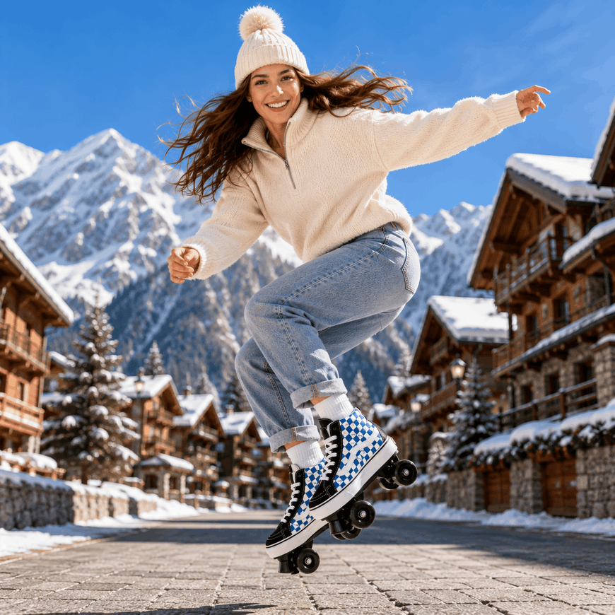 A woman in a snowy mountain village jumps roller skates, wearing a cream knit beanie, cream fleece jacket, light blue jeans, and black-and-white checkered roller boots, with wooden chalets and snow-covered peaks in the background.
