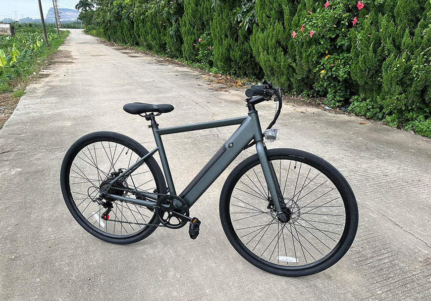 Gray bicycle on a paved road with greenery in the background. Freego E7 Electric Bicycle For City Commuting