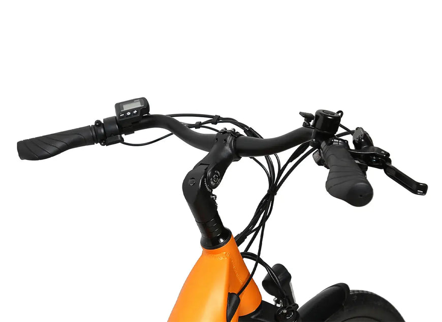 Close-up of an orange electric bike handlebar with control elements on a white background. JADE Step Through Commuter Ebike