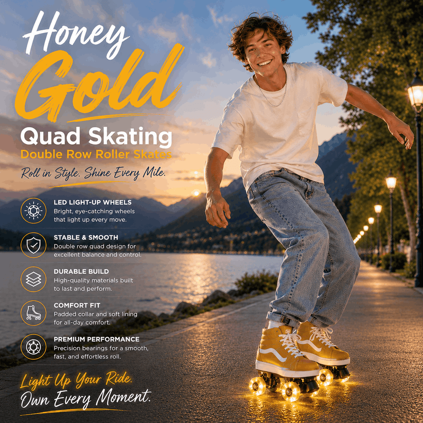 A man rides a gold quad skate on a wet street at dusk, with promotional text on the left highlighting features like LED light-up wheels, stable double row quad design, and comfortable fit. The product being sold is the gold quad skate.