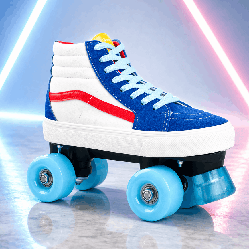 Blue and white roller skate with red accents on a reflective surface with neon lights.