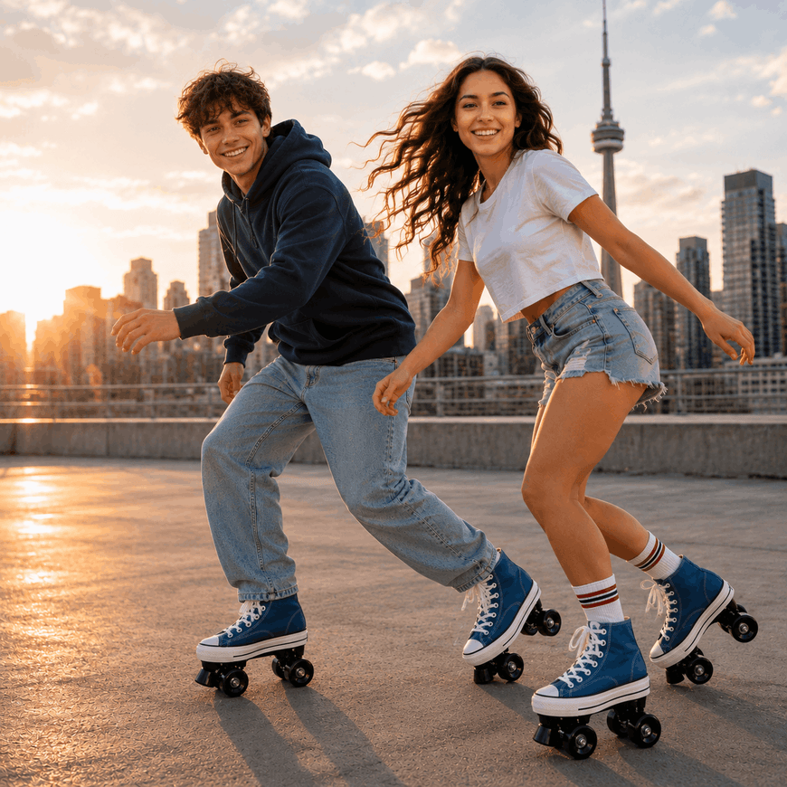Two people rollerblading on a rooftop with a city skyline in the background