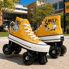 A pair of yellow roller skate shoes styled like high-top sneakers, featuring cartoon graphics of Tom and Jerry on the sides, white laces, white midsoles, and black wheels, set against a blurred outdoor campus background.