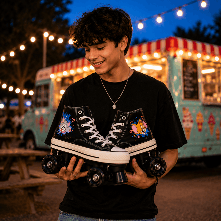 A young man wearing a black t-shirt and jeans holds a pair of custom black high-top roller skates with colorful graphics on the sides. The background shows a blurred ice cream truck and warm string lights at dusk.