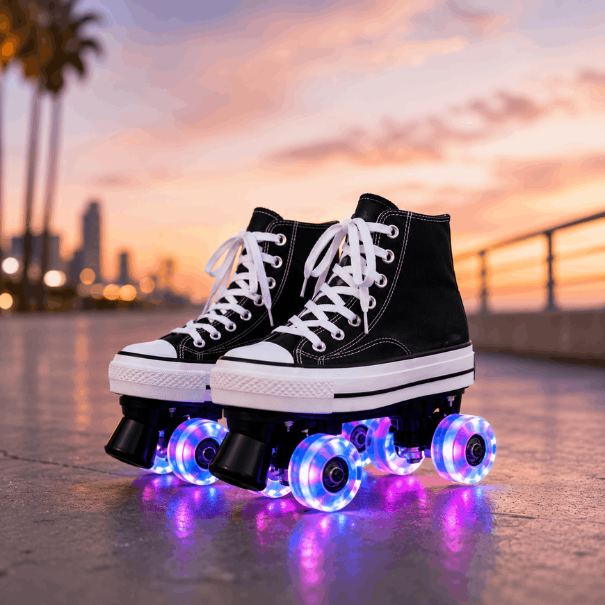 Black high-top roller skates with LED lights on a city skyline background
