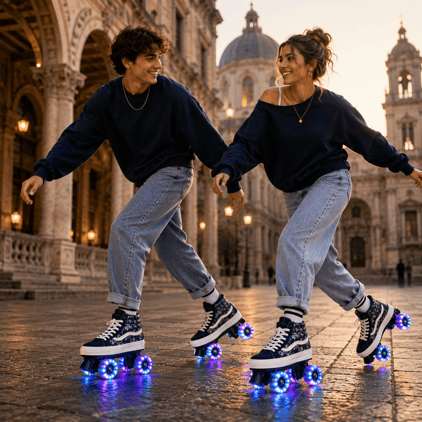 Two people roller-skating in a historic outdoor plaza at dusk, wearing matching navy sweatshirts, light blue jeans, and black-and-white skate shoes with glowing blue LED wheels.