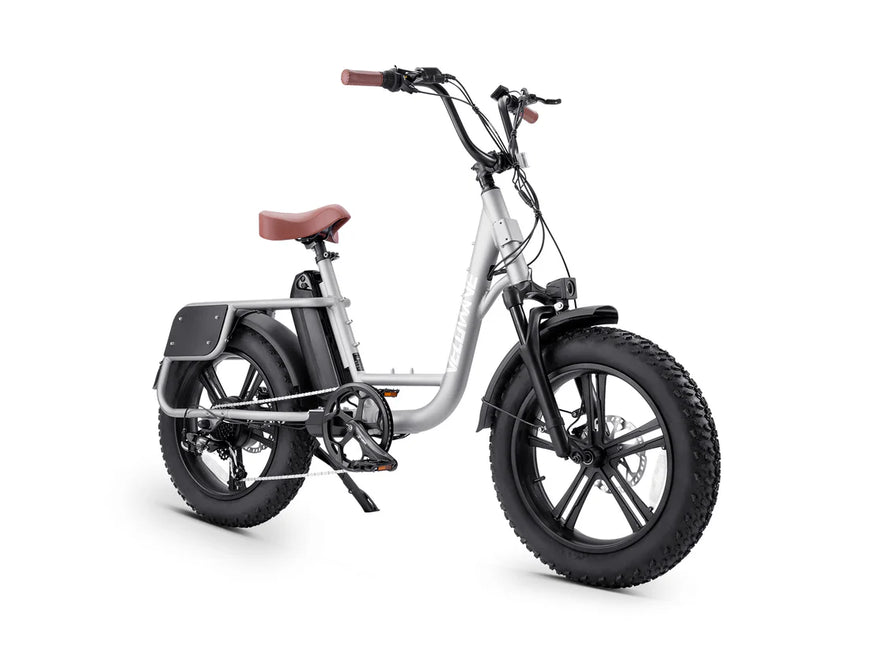White electric bike with black tires and a brown seat on a white background. Valowave Prado S Commuter Electric Bike