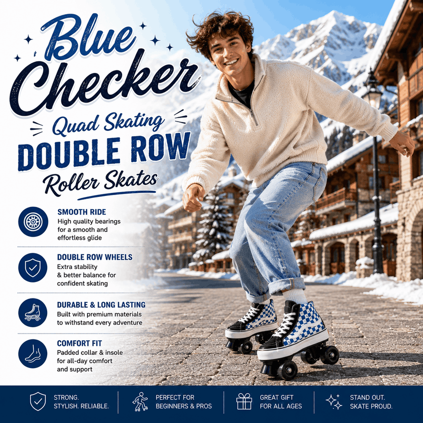A man wearing a cream quarter-zip hoodie, light blue jeans, and blue-and-white checkered quad roller skates is shown in a snowy mountain resort setting. The image is a promotional graphic for 'Blue Checker Quad Skating Double Row Roller Skates' with feature callouts on the left and a dark blue footer strip.