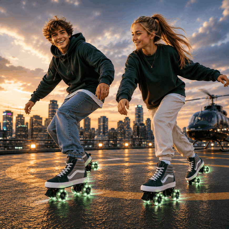 Two young adults skate on glowing roller skates on a wet helipad at sunset, with a city skyline and a helicopter in the background.