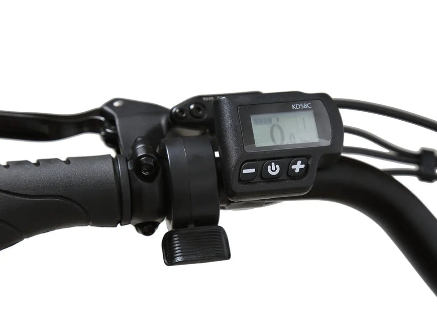 Close-up of a handlebar with a digital display and control buttons on a white background. JADE Step Through Commuter Ebike