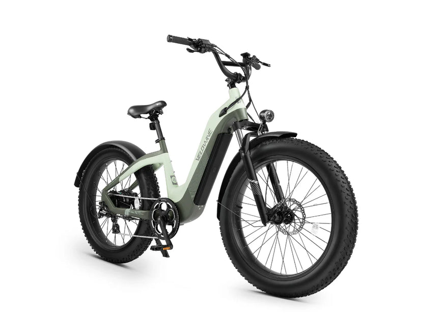 Electric bike with a light green frame on a white background. Valowave Grace 2.0 Step-Thru Electric Bike