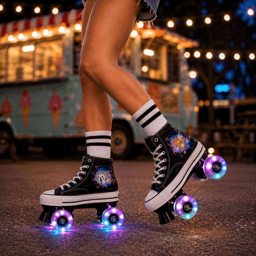 A person wearing black high-top roller skate shoes with colorful printed graphics and glowing multicolor LED wheels, standing outdoors at night near a blurred ice cream truck.