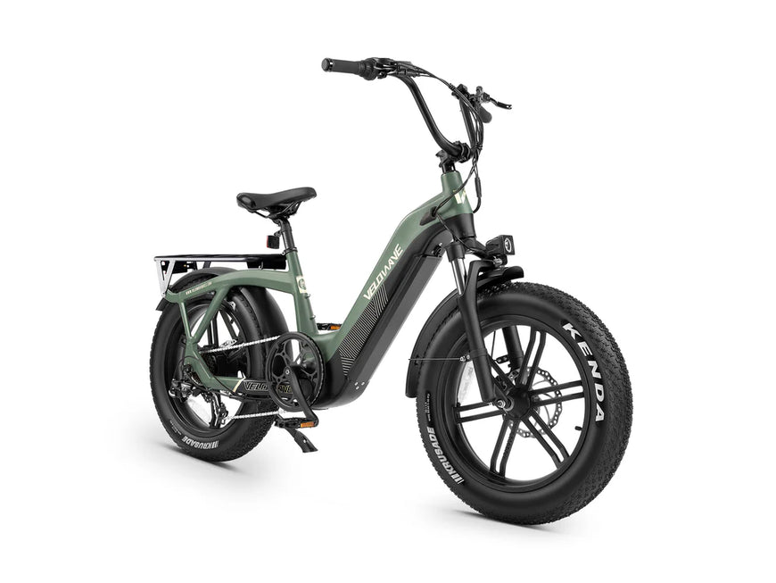 Green electric bike on a white background. Valowave Pony Compact Step-Thru Electric Bike