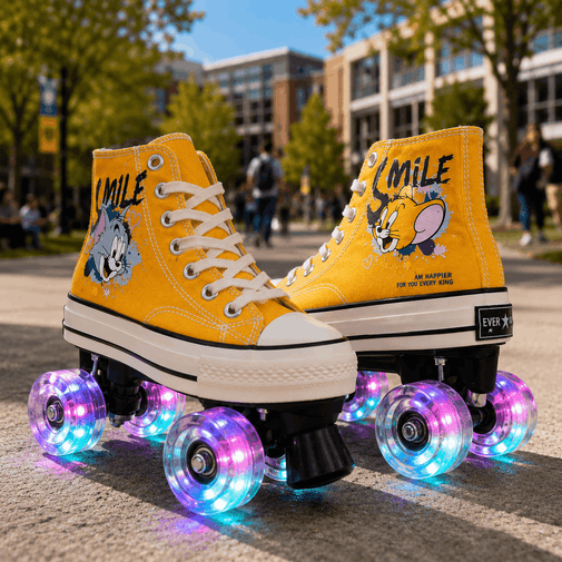 A pair of yellow high-top roller skates with cartoon character graphics on the sides, white laces, and glowing multicolor LED wheels, photographed outdoors on a paved street with blurred trees and buildings in the background.