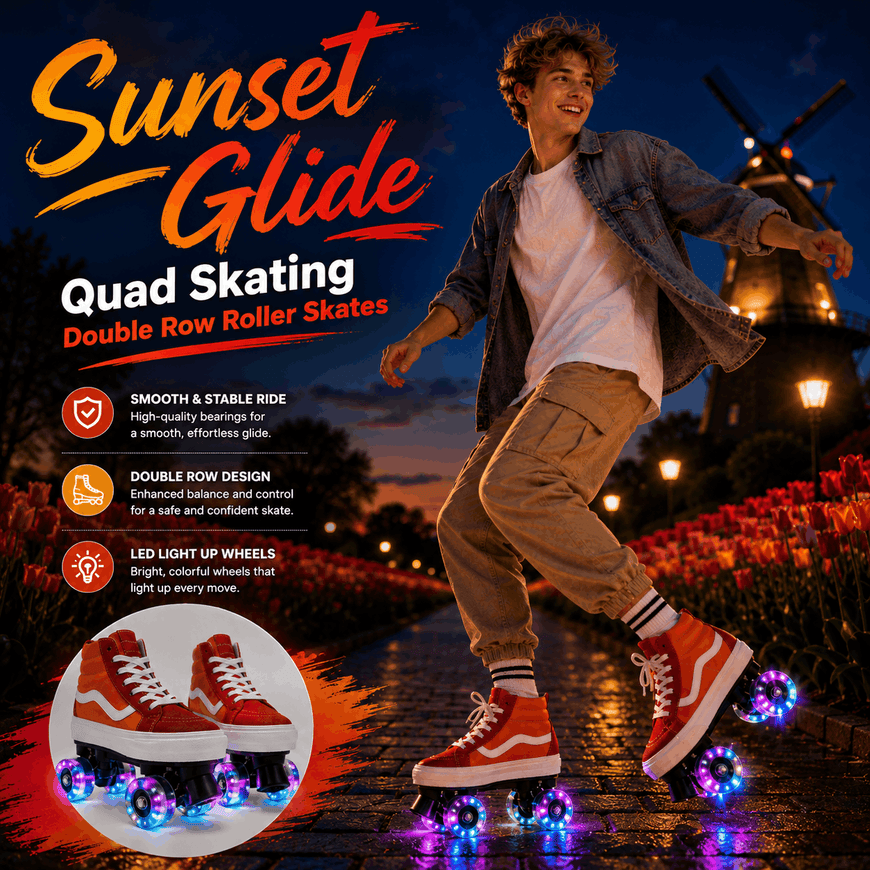A promotional graphic for the Sunset Glide quad skating double row roller skates. It features a young man joyfully riding on a wet cobblestone street at night with a windmill in the background.