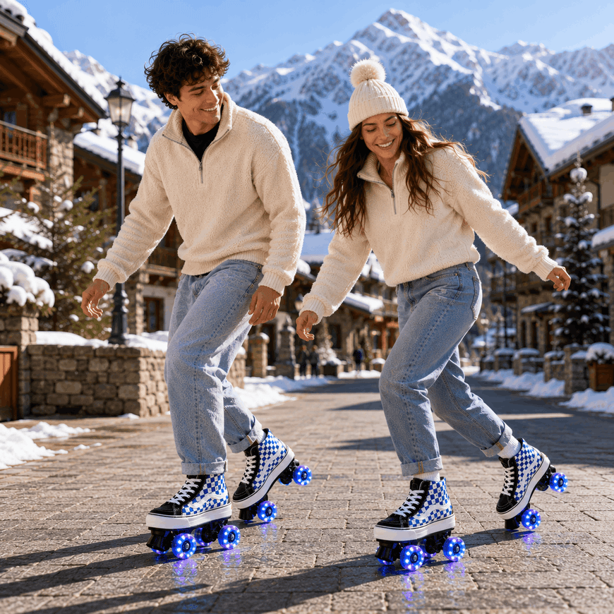 A man and a woman skate joyfully down a snowy village street, wearing cream quarter-zip fleece pullovers, light-wash jeans, black-and-white checkered roller skates with glowing blue wheels, and white knit beanies. Snow-covered mountains and chalets are visible in the background.